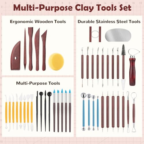48PCS Pottery Tools Kit for Sculpting, Clay Carving Tools, Ceramic Tools for Polymer Clay, Modeling, Trimming, Molding, Shaping, Pottery Kiln, Arts Crafts Supplies, Adults, Students, Beginners, Pros