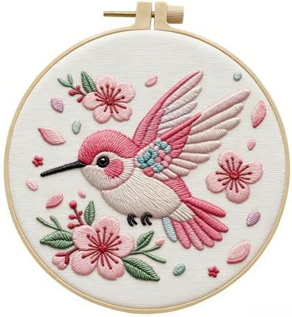 JJFox Embroidery Kit for Beginners and Adults, DIY Hand Embroidery Starter Kit with Cute Pattern, Cross Stitch Needlepoint Set with Hoop, Threads and Instructions (Hummingbird)