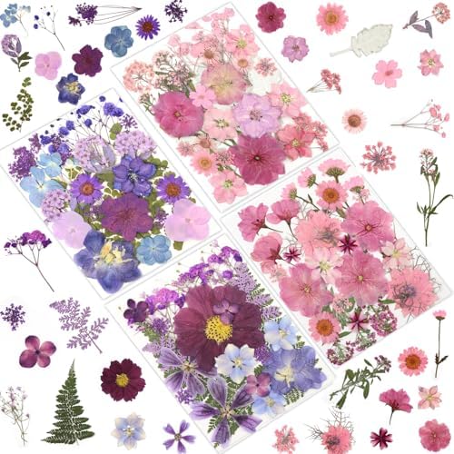 LUXEEASE 100P Pink Purple Blue Dried Pressed Flowers | Soft romantic shades, mixed petal shapes, for resin jewelry scrapbook card candle frame decor, tweezers included