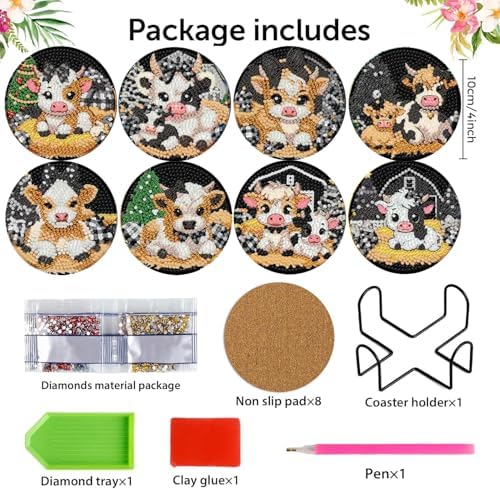 Diamond Art Coasters Kit,8 Pcs Highland Cow Diamond Painting Coasters Kit