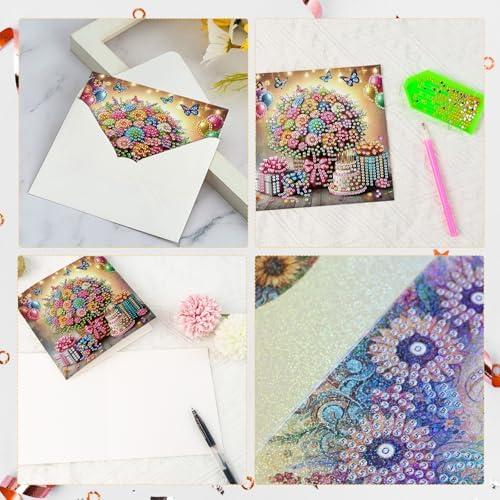 Tontut 6 Pieces Diamond Art Painted Greeting Cards, Flower Basket Gift Butterfly 5D DIY Special Shape Diamond Card Creative Gifts, Christmas Thanksgiving Greeting Card Congratulation