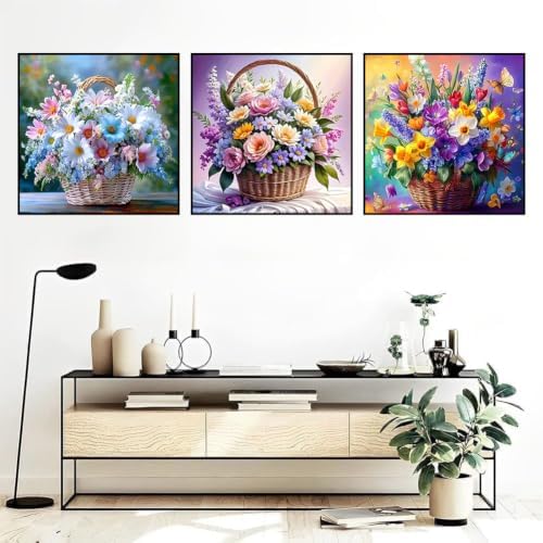 WNPOKN 3 Pack Floral Basket Diamond Art Kits for Adults 12x12Inch