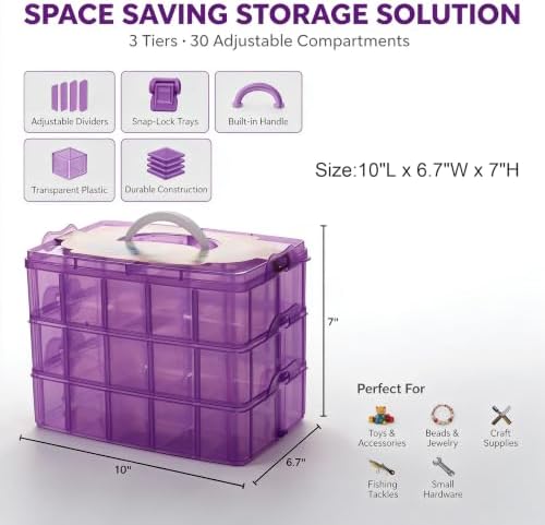 Sooyee 3-Tier Bead Organizer, Craft Storage Organizer Box,Purple