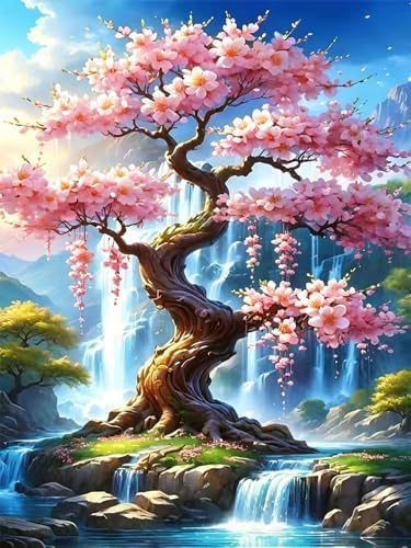 TYPUSOK Waterfall Diamond Art Kits for Adults,Round Full Drill 5D Diamond Painting Kits for Beginners,Cherry Blossoms DIY Diamond Dots Pictures Gem Art Kit,Home Wall Decor 12x16in