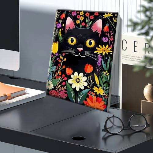 JOOZ Paint by Numbers Kit for Adults with Frame, Black Cat Paint by Number with Easel, DIY Flowers Oil Painting by Numbers Black Cat, Easy Adult Paint by Number Kits Canvas for Wall Decor 8x12 Inch