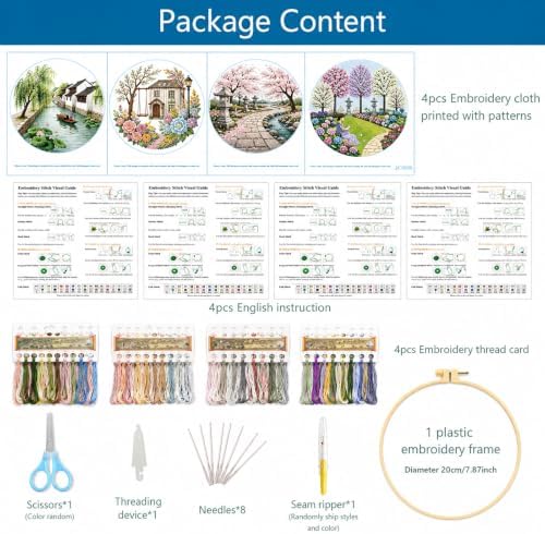 Zhenqing Landscape Embroidery Kit Set for Beginners, 4 Pack Garden & Cottage Needlework Craft Collection with Pre-Printed Cotton Fabric, Hoop, Threads & Tools(JC0285)