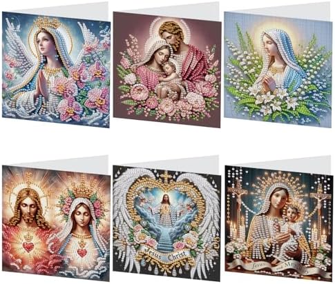 6 Pcs 5D Rhinestone Painting Greeting Cards Kits, Handmade Diamond Art Greeting Cards with Envelopes Holographic Laser Effect DIY Diamond Art Crafts Birthday Cards for Festival Celebrations (Religion)