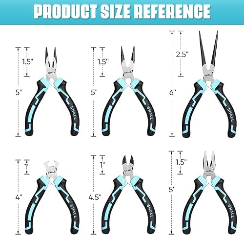 SHALL Mini Pliers Set, 6-Piece Small Pliers Tool Set Includes Needle Nose, Long Nose, Bent Nose, Diagonal, End Cutting and Linesman for Making Crafts, Electronic Repairing & Jewelry with Pouch