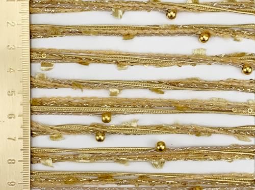 Artisanal Yarn Collection Multifiber Multicolored Fancy Yarn with Golden Beads for Knitting Crocheting Crafts DIY, Set of 3 Rolls (Golden Beads)