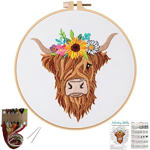 Louise Maelys Highland Cow Floral Embroidery Kit for Beginners Craft