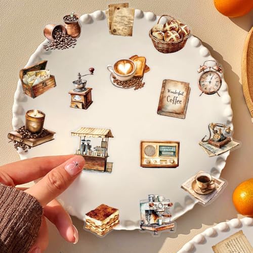 50Pcs Vintage Stickers,Waterproof Transparent PET Aesthetic Decorative Sticker Scrapbooking Supplies for Adult Card Making Letters Planner Journaling Junk Journal DIY Water Bottles Art Craft.Coffee