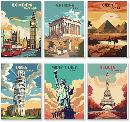 6 Pack Paint by Numbers Kit for Adults, Travel Number Painting, 10x14 Inch | DIY Adult Paint by Number Kits on Canvas for Beginners, without Frame, Vintage Travel Wall Decor, Stress Relief Craft Gift