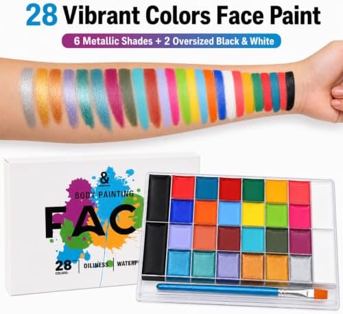 28 Colors Face Body Paint Kit, Oil Based, Waterproof Non-Toxic Face Paint Palette with Brush for Halloween Cosplay, Parties & Stage Makeup