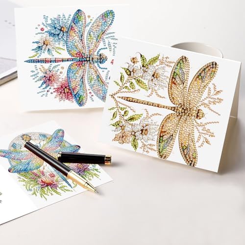 Tontut 6pcs 5D DIY Diamond Painting Kit Greeting Card,Diamond Handmade Greeting Card with Envelope, Holiday Gift Congratulations Colourful Dragonfly
