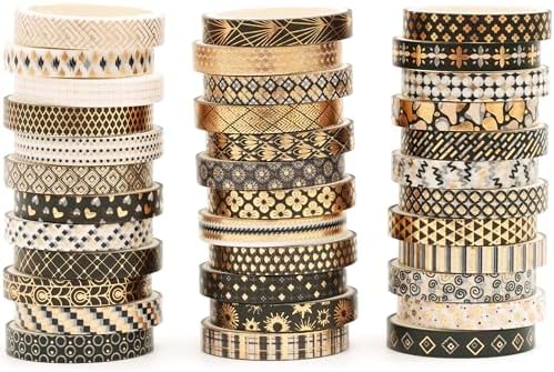 36 Rolls Skinny Washi Tape Set Gold Foil Detailing Arts Adhesive Tapes Basic Patterns Decorative Masking Tape Sets for Craft, Kids, Scrapbook, DIY, Gift Wrapping (Black & Gold)