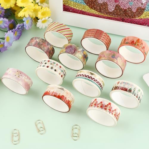 12 Rolls Aesthetic Washi Tape Set, Gold Foil Tree Ferris Wheel Hot Air Balloon Decorative Tape, Landscape Pattern Masking Tapes for DIY Scrapbook Design Journaling Handbook Making Card Wrap Craft