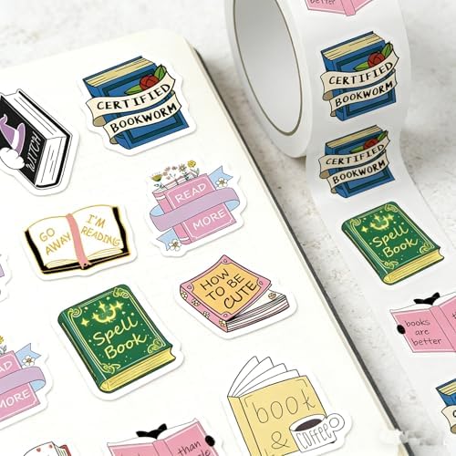 Reading Stickers,500pcs Reading Book Lover Roll Waterproof Vinyl Bookworm Decals for Water Bottle Laptop Scrapbooking Journaling Planner Cute Reading Gifts for Bookish