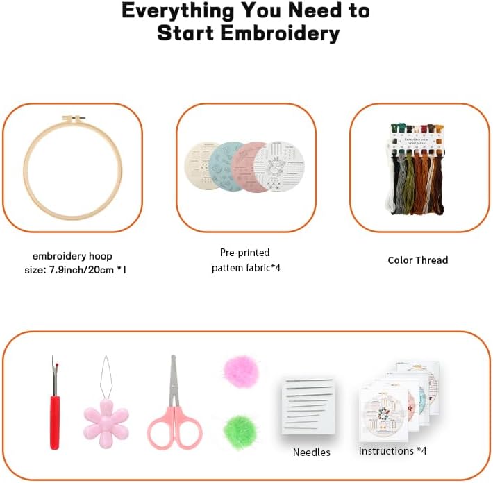 JOINRUN Beginner Embroidery Kit for Adults, 4 Pack with Video Tutorial