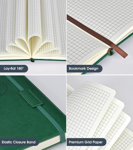 Biuwory A5 Hardcover Graph Paper Notebook, Grid Leather Journal for Writing | 140 Quad Ruled Grid Pages Vintage Diary, 5.7"×8.3" Travel Notebook for Work, School, Women & Men