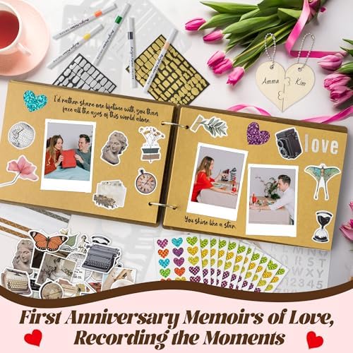 CY2SIDE Couple 1 Year Anniversary Scrapbook - 111PCS 1st Down Photo Wooden Album Scrapbook Craft Kit with Heart Puzzle Brown Paper Sticker Marker Template for DIY Anniversary Dating Gifts for Him Her