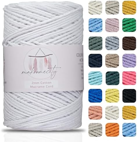 Makromecity, Cotton Macrame Cord 2mm x 195 Yards (590 feet) 2mm Recycled Cotton Crochet Yarn for Macrame Art & Crafts for Wall Hangings, Bags, Underplate, Rug (25 Colors Available) (White)