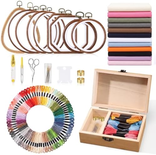 Hotop 171 Pcs Embroidery Kit for Beginners Adults, Starter Kit with 9 Wood Grain Embroidery Hoops in 4 Shapes, 100 Color Threads, 12 Color Fabric, Wood Storage Box, Needles, Scissors and Tools