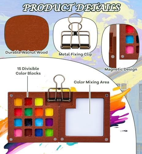 24 Colors Mini Watercolor Paint Set Portable Artist Travel Kit with Walnut Wood Palette 15 Grid Paint Wells Storage Pouch Metal Clip Sketchbook 5 Watercolor Brushes Pocket Palette Set