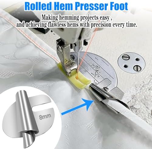 TOOVREN Sewing Rolled Hemmer Foot 8PCS Rolled Hem Presser Foot 3/4/5/6/7/8/9/10mm 8 Sizes Wide Rolling Hem Foot Sewing Machine Presser Feet Hemmer Home Industrial Curved Scroll Hemming Feet
