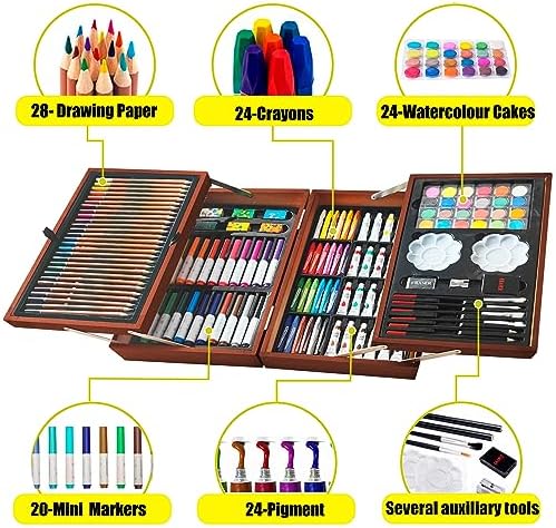 KINSPORY Art Sets, 139 Pack Painting Drawing Art Supplies Kit with 2 Sketch Pads, Deluxe Double Layers Crafts, Colored Pencils, Oil Pastels, Watercolor Paints, Gift for Artists Kids (Brown)