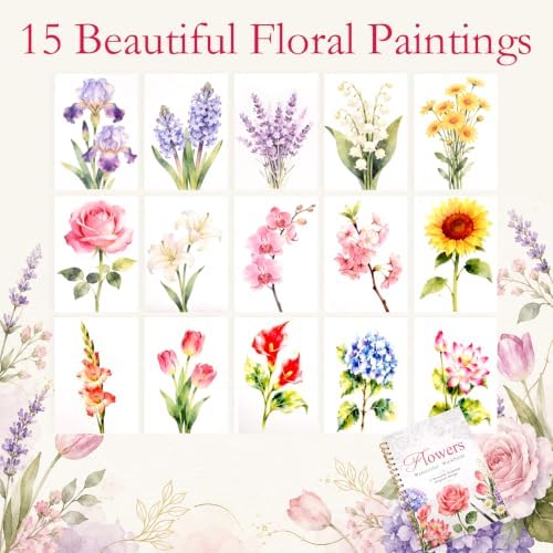 Watercolor Workbook for Beginners, 15 Beautiful Flower Water Coloring Book, Includes 24 Water Colors Workbooks Paint Set, Relaxing Art Projects and Creative Gift for Adults & Teen