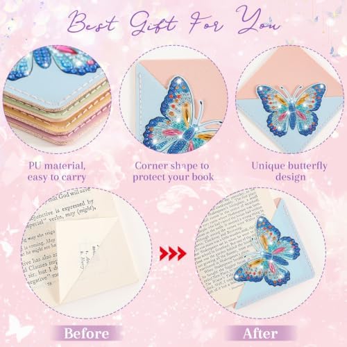 4Pcs Diamond Painting DIY Corner Leather Bookmarks, Handmade Butterfly Diamond Art Bookmark for Adults, Protecting Book Craft Supplies Kits for Girl Women Book Lovers