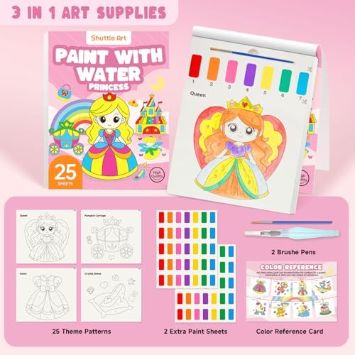 Shuttle Art Paint with Water Coloring Book for Kids, 25 Princess Themed Pages with 2 Brushes, Mess-Free Watercolor Paint Set, Travel-Friendly Art Craft Gift for Toddlers, Birthday Christmas Gift