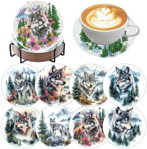 8 Pack Diamond Art Coasters,Wolf Forest animals Diamond Painting Coasters