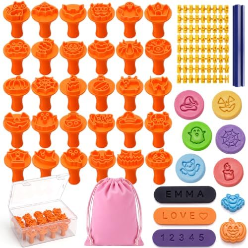 30 Pcs Halloween Pattern Clay Modeling Stamp Set with 72-Character Letter Stamps and Storage Box, Halloween Pattern Stamps for Polymer/Ceramic Clay, Pottery Craft, Cookie and Jewelry Making