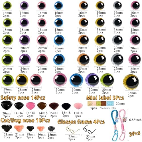 CSCHENGO 507Pcs Glass Craft Safety Eyes 10-35mm 3D Shiny Round/Moon Eyes/Black Eyes with Noses/Glasses/Tags,for Adult DIY Crochet Handmade Craft Figurines Plush Crafts