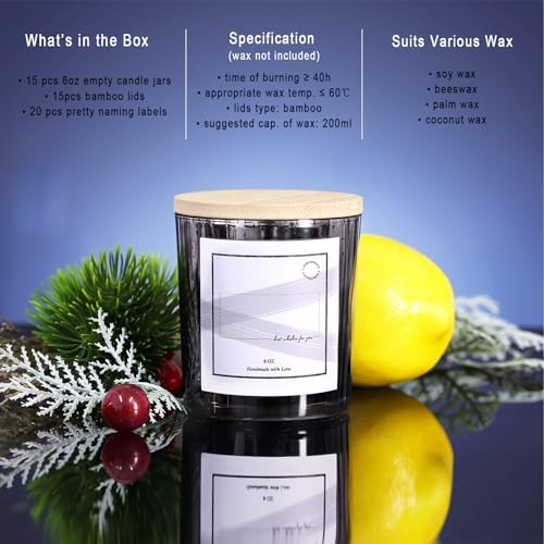 LAMORGIFT 15 Pack Dark Gray Candle Jars With Lids - 8oz Mercury Glass Candle Making Containers - Includes 20 Pcs Labels