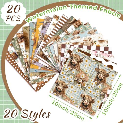 HunnmingRe 20 Pcs 10''x10'' Brown Highland Cow Quilting Fabric Squares