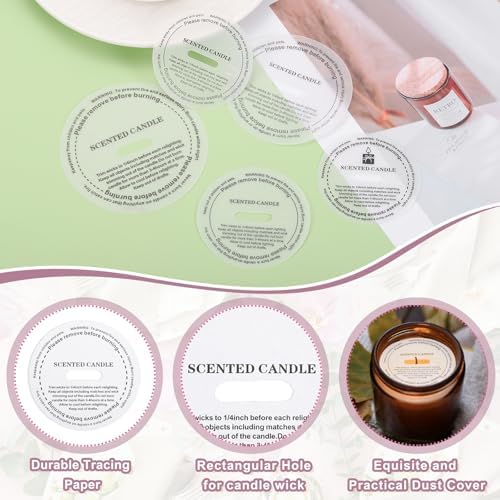 MECCANIXITY 60 Pcs Candle Dust Covers, 8cm/3.1" Round Printed Translucent Candles Drip Protectors Lid Accessories Letter Pattern for Craft Fragrance Making Jars Boxes Packaging