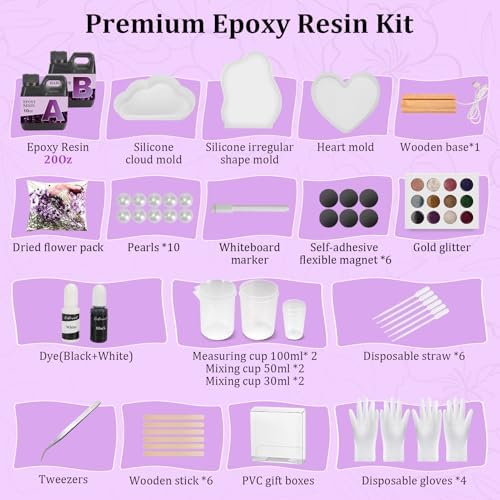 K KERNOWO Epoxy Resin Kit for Beginners, Resin Kit with Light and Molds Complete Set DIY Crafts for Adults Women, Epoxy Set with Cloud and Heart Shaped Mold, Dried Flowers and Resins Supplies-20OZ