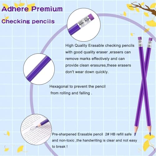 Adhere 25pcs Checking Pencils Erasable colored Pencils Pre-Sharpened #2 HB,for Checking Tests Grading,Map Coloring, editing Office Favors,including a Free sharpener. (Purple)