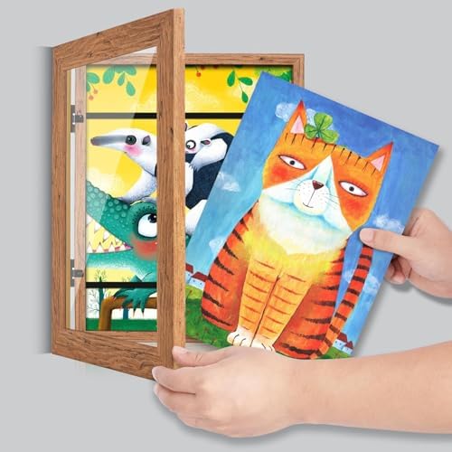GULETHUN [2-Pack] Kids Art Frames, 9x12 Front Opening Kids Artwork Frames Changeable, Dark Wood Grain Artwork Display Storage Frame for Wall, Holds 50 Pcs, for 3D Picture, Crafts, Children Drawing
