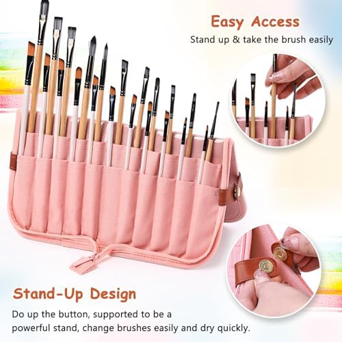 Paint Brush Holder Case for Artists with 22 Slots, Brush Organizer with Pop-Up Stand, Travel Paintbrush Storage Bag for Acrylic Oil Watercolor, Zippered Art Brush Cover (Brushes Not Included)
