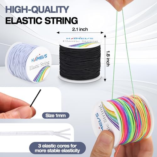 Elastic String, 3 Rolls 495 Feet, 1mm Sturdy Stretchy Cord, Elastic String for Bracelets, Beading, Necklaces, Jewelry Making (White, Black, and Rainbow)