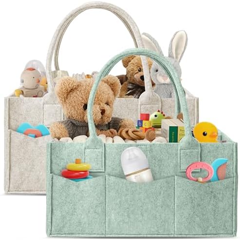 HIPHOP PANDA 2-Pack Diaper Caddy Organizer - Nursery Storage Bin & Car Organizer for Diapers, Wipes, and Baby Essentials - Dual-Color Solid Set (Green/Oatmeal), Large Size