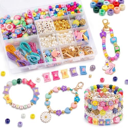 Fcoget 850pcs Beaded Keychain Making Kit,DIY Bead Keychain Making Kit, Bracelet Bag Charm Kit,with Acrylic Letter Pony Beads & Unicorn Crafts Jewelry Making Kit Gifts