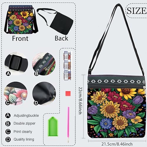 Diamond Painting Crossbody Bag - DIY Diamond Art Kits for Adults, PU Leather Shoulder Bag with Zipper, Flower Pattern Art Bag for Women