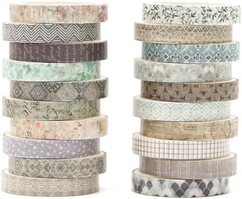 20 Rolls Skinny Vintage Washi Tape Set Retro Arts Adhesive Tapes Basic Patterns Decorative Masking Tape Sets for Craft, Kids, Scrapbook, DIY, Gift Wrapping (First Encounter)