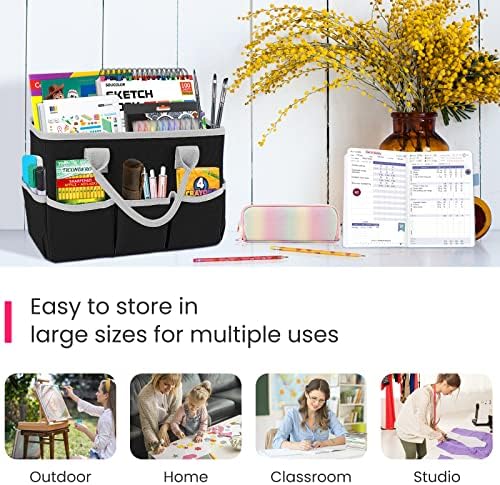 Desktop Tote and Stock Organizer, Teacher Helper Tote Bag Organization for Arts, Books, Stationery, Office Desk Organizer, Make-up Storage Tote with Handles for Travel, Black-Gray