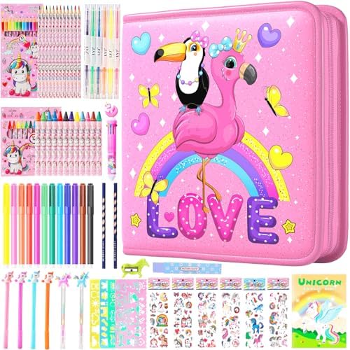 DOKKIA Fruit Scented Coloring Pens Markers Set 65 PCS Art Craft Drawing Case - Washable Kits Pencil,Gel Pen,Crayon&Coloring Book Supplies Flamingo Toucan Pink