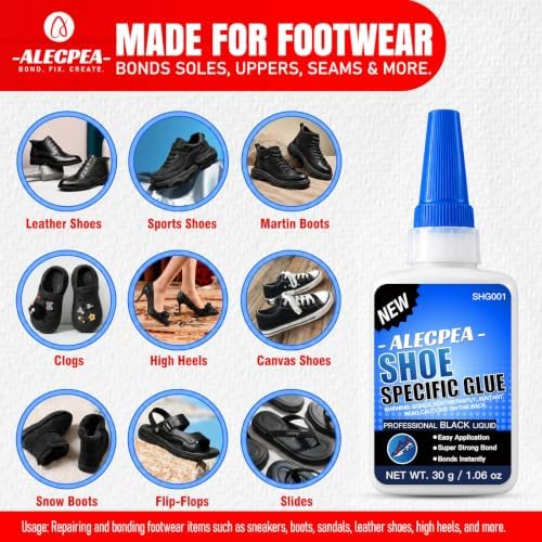 ALECPEA Black Shoe Glue for Sole Repair, Thin Adhesive, 30g with 3 Tips